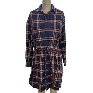 R13 Oversized Shirt Dress Plaid Navy Flannel Belted Womens M Japanese Fabric